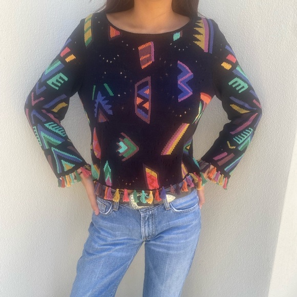 Peruvian Connection Sweaters - Peruvian connection colorful pattern tassle hem crewneck sweater small